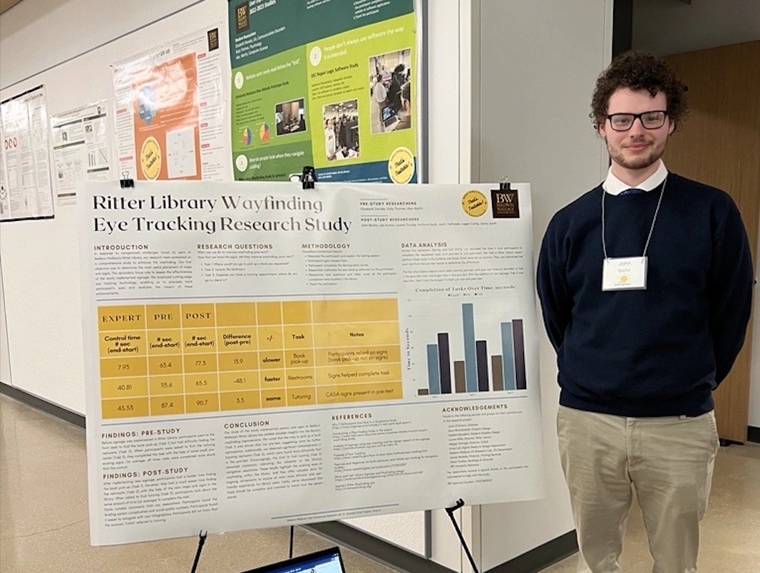 Photo of me standing infront of our CEMS poster about wayfinding tracking in the Ritter Library